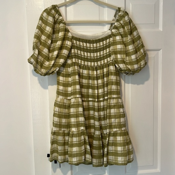 Faithfull the Brand Leilani Shirred Checked Linen Mini Dress, Sage Green, SM - Picture 5 of 7
